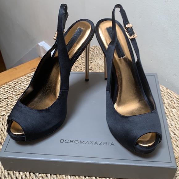 BCBGMaxAzria Shoes - BCBGMAXAZRIA Black satin peep toe stilettos